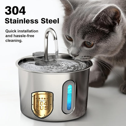 Fontaine à eau pour chat en acier inoxydable 2,2 L - Pompe USB ultra-silencieuse, débit type robinet, filtre à 3 étapes et fenêtre de niveau d'eau visible, fontaine automatique pour chats et petits chiens en intérieur
