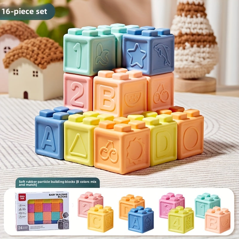 Blocs de construction souples en caoutchouc pour nourrissons et tout-petits – Jouet sensoriel à empiler, à mâcher et sans BPA, favorisant la préhension et le développement cognitif – 16, 24 ou 48 pièces – Âges 0-6 mois, 6-12 mois et 1-2 ans
