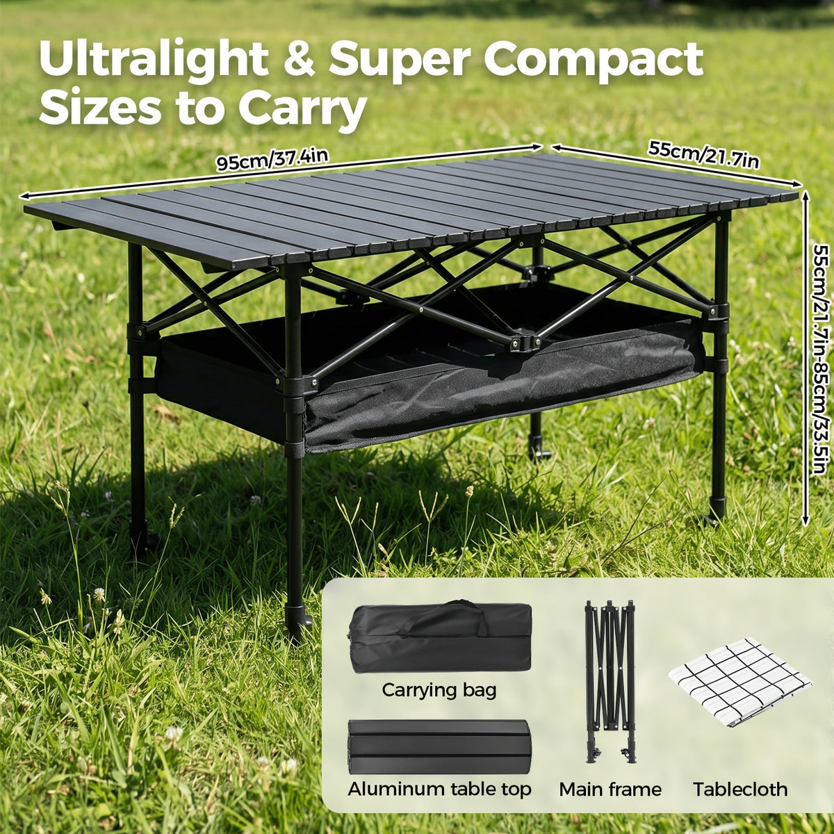 Table de camping pliante portable en aluminium, légère, pour pique-nique en plein air, avec filet de rangement et sac de transport – Hauteur réglable 95 cm, facile à ranger, pour camping, plage, jardin, barbecue, fête et terrasse