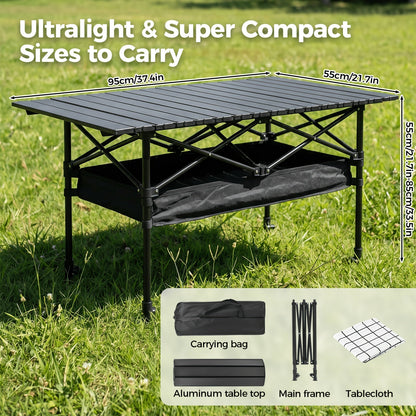 Table de camping pliante portable en aluminium, légère, pour pique-nique en plein air, avec filet de rangement et sac de transport – Hauteur réglable 95 cm, facile à ranger, pour camping, plage, jardin, barbecue, fête et terrasse