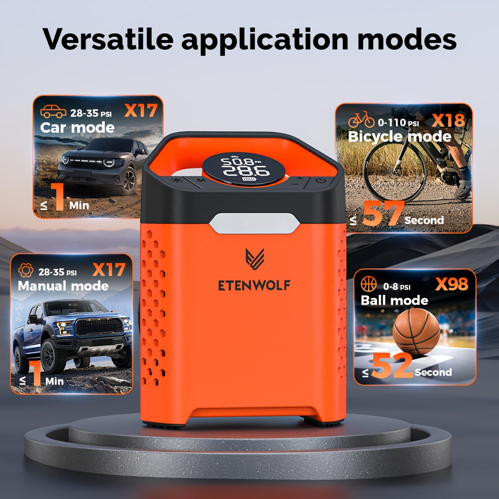 Compresseur d'air portable pour pneus – Gonflage rapide en 1 min, cycle de service 100 %, rechargeable par USB, affichage numérique, robuste pour pneus de voiture, vélos et ballons