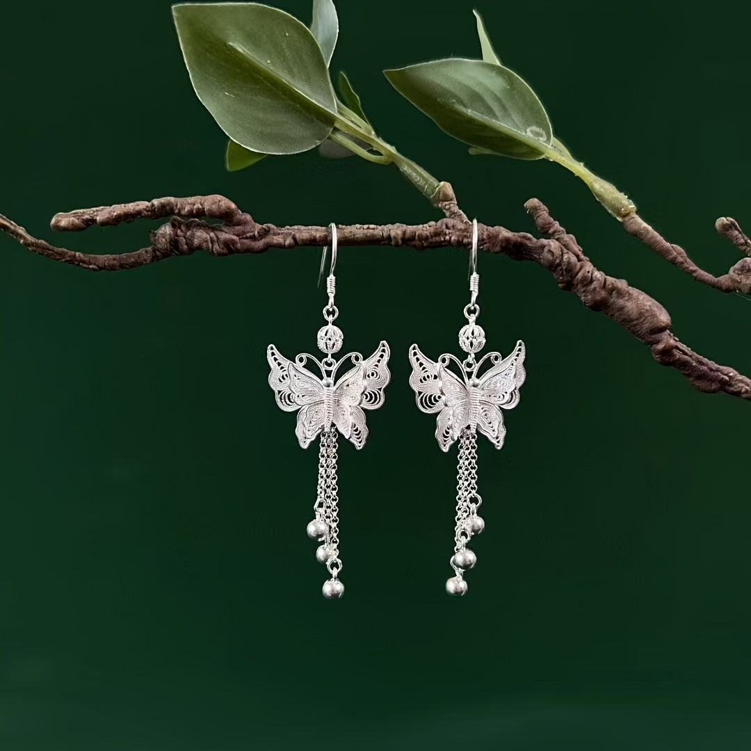 Boucles d'oreilles papillon en argent sterling S925 avec longs pompons – Élégantes boucles d'oreilles pendantes vintage pour femmes, mouvement gracieux inspiré de la nature, cadeau parfait pour les mariages, le quotidien et les amies