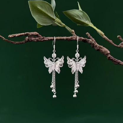 Boucles d'oreilles papillon en argent sterling S925 avec longs pompons – Élégantes boucles d'oreilles pendantes vintage pour femmes, mouvement gracieux inspiré de la nature, cadeau parfait pour les mariages, le quotidien et les amies
