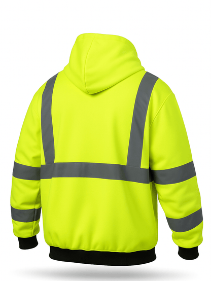 Sweat-shirt à capuche zippé en polaire haute visibilité ANSI classe 3 type R, vêtement de travail de chantier unisexe avec cache-cou, jaune fluorescent