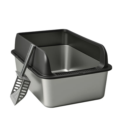 Bac à litière pour chat en acier inoxydable à bords hauts, bac anti-fuites avec pelle et plateau de tamisage, résistant à la rouille, anti-odeurs, anti-adhésif, facile à nettoyer, toilettes pour chats d'intérieur, taille moyenne à grande