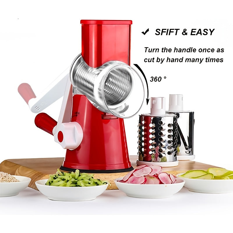 Râpe à fromage rotative manuelle avec 3 lames interchangeables - Base à ventouse antidérapante, brosse de nettoyage incluse, pour fromage frais, légumes et noix, cadeau d'ustensile de cuisine