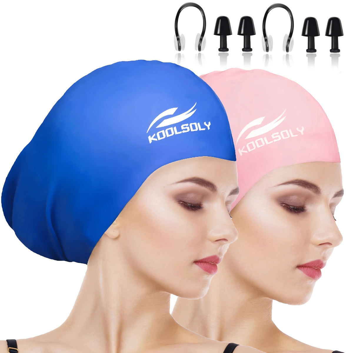 Lot de 2 bonnets de bain en silicone avec protection auditive pour cheveux longs – Inclut bouchons d'oreilles et pince-nez, ensemble de bonnet de bain étanche, 11 options de couleurs pour femmes, hommes et adultes