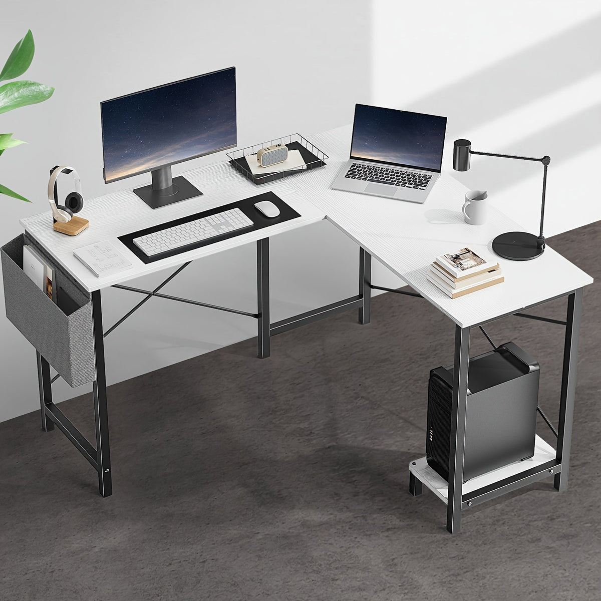 Bureau d'ordinateur en forme de L avec sac de rangement et étagères – Bureau d'angle réversible, poste de travail pour PC et ordinateur portable pour bureau à domicile, salle d'étude, bureau d'écriture peu encombrant