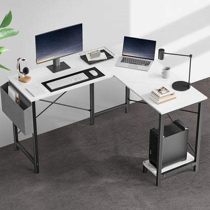 Bureau d'ordinateur en forme de L avec sac de rangement et étagères – Bureau d'angle réversible, poste de travail pour PC et ordinateur portable pour bureau à domicile, salle d'étude, bureau d'écriture peu encombrant