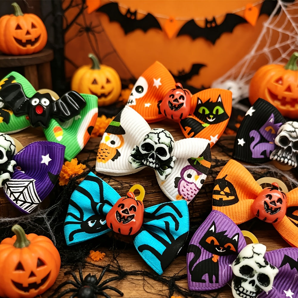 Lot de 20 nœuds pour poils de chien Halloween avec élastiques – Rubans de toilettage pour chiots et Yorkies de 40 mm, motifs et couleurs variés – Accessoires de toilettage festifs pour petits chiens et chats