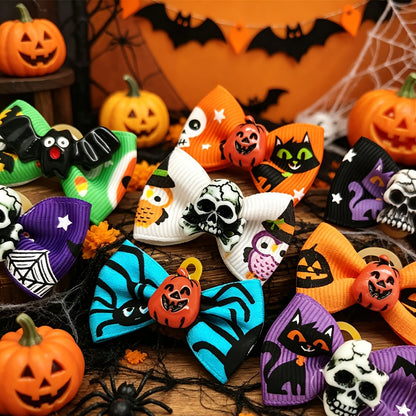 Lot de 20 nœuds pour poils de chien Halloween avec élastiques – Rubans de toilettage pour chiots et Yorkies de 40 mm, motifs et couleurs variés – Accessoires de toilettage festifs pour petits chiens et chats