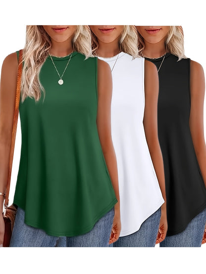 Women's 3-Pack Solid Color Sleeveless Tank Tops Round Neck Loose Flowy Casual Basic Tee Shirts Multicolor Bundle Set for Summer Spring Fall