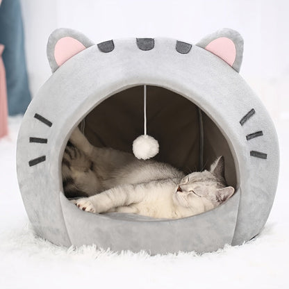 Niche pour chat, lit douillet et chaud pour chaton avec coussin amovible et lavable, design mignon avec oreilles de chat, tente semi-fermée pour chats d'intérieur et chatons – Lit de couchage en peluche douce antidérapant pour animaux
