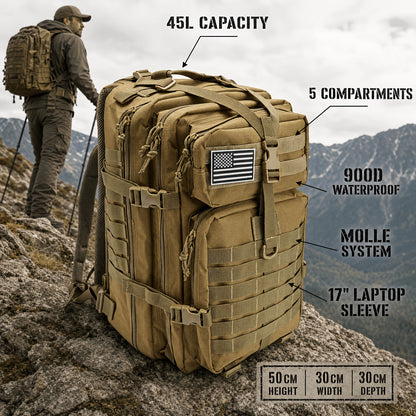 Sac à dos de randonnée tactique 45 L pour 3 jours – Sac multifonction pour le camping, le trekking et la chasse avec fermeture zippée, sac de sport durable pour hommes et femmes, noir, vert, kaki