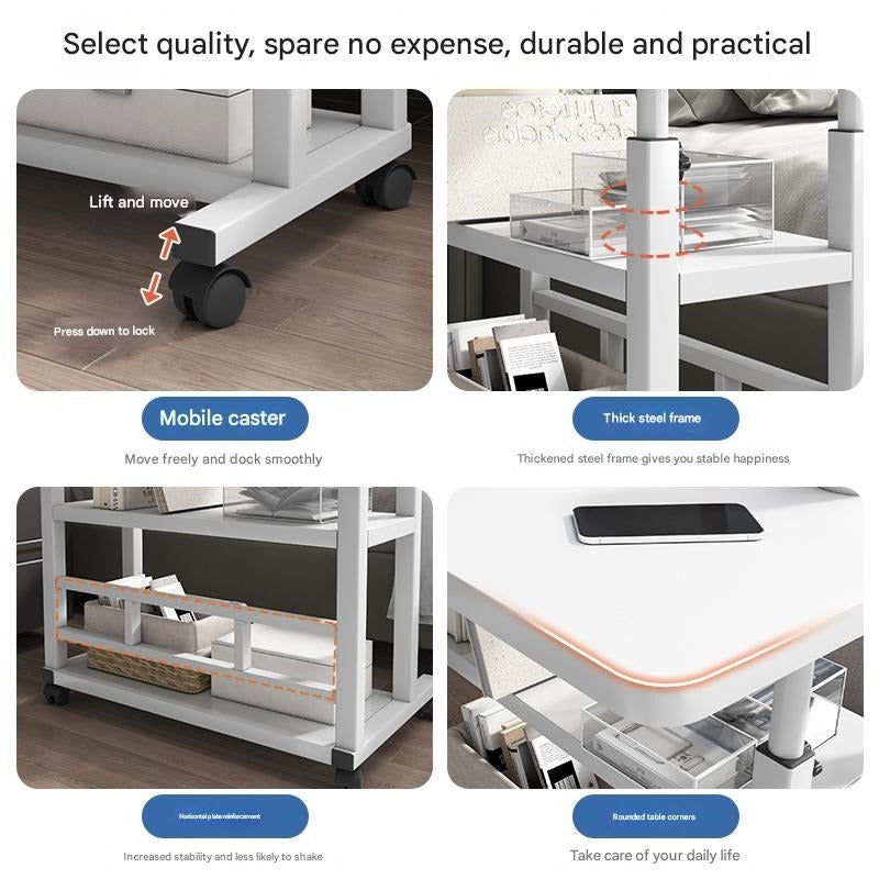 Bureau de lit roulant réglable en hauteur de 58 à 89 cm avec étagère de rangement et roulettes multidirectionnelles pour chambre à coucher, bureau ou ordinateur portable