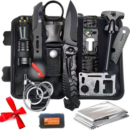 Kit de survie pour homme, ensemble d'équipement d'urgence de 12 à 115 pièces avec pierre à feu et multi-outil pour camping, randonnée, chasse, pêche, aventure en plein air, cadeau pour papa ou mari