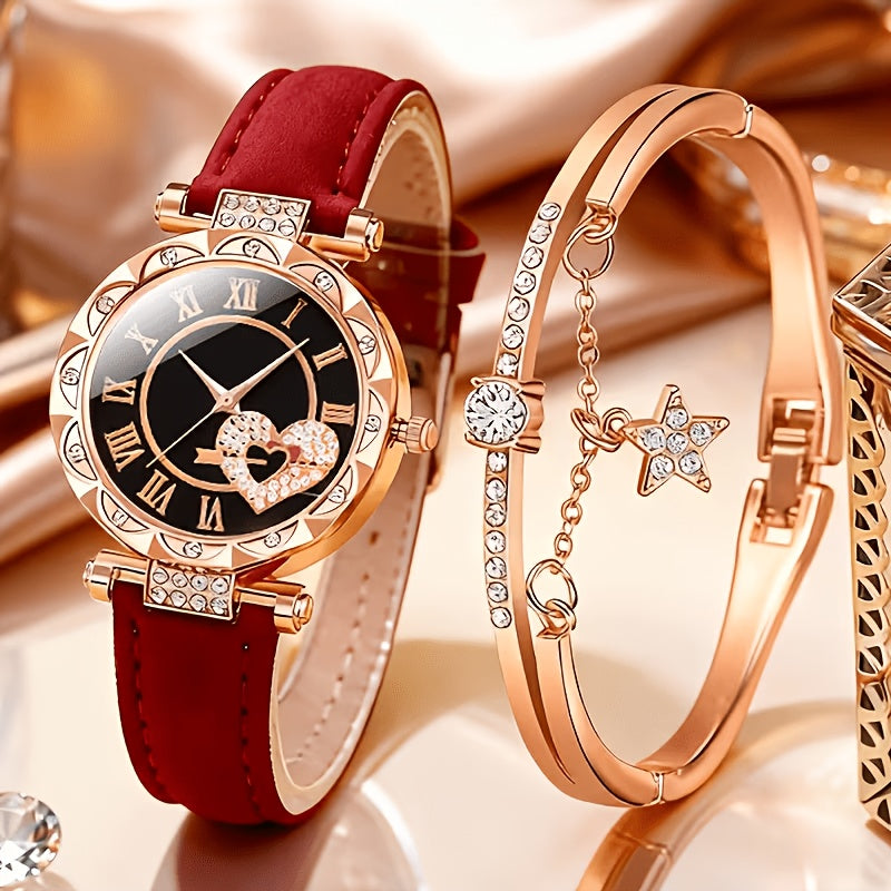 Coffret montre cœur orné de strass pour femme – 2 montres à quartz avec bracelet en similicuir, ensemble de montres-bracelets or rose et rose, idée cadeau pour la Saint-Valentin, les anniversaires et les fêtes