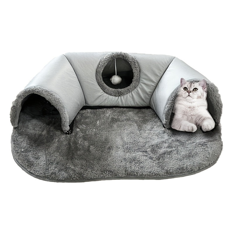 Tunnel-lit pour chat avec mousse à mémoire de forme, balle suspendue et bavoir offert – Condo lounge en peluche détachable, nid pour animaux lavable en machine pour foyers multi-chats, chats de petite à moyenne taille – Velora