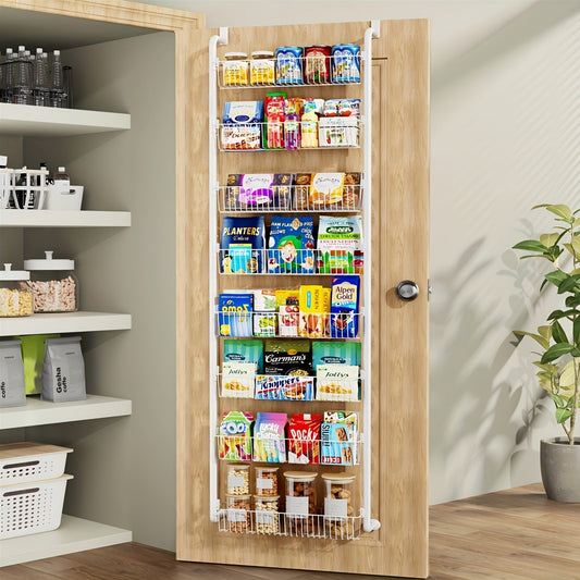 Organisateur de garde-manger suspendu 6 ou 8 étagères - Support de rangement en métal robuste pour cuisine, salle de bain et buanderie, organisateur peu encombrant pour épices et nourriture, noir ou blanc