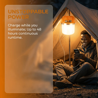 Lanterne de camping LED rechargeable par USB avec batterie externe intégrée, lampe de tente portable ultra-lumineuse pour camping, barbecue, terrasse, extérieur et urgences, recharge les téléphones portables, design autoportant et suspendu