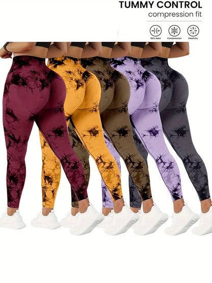Lot de 5 pantalons de yoga taille haute pour femmes avec contrôle du ventre, leggings de fitness tie-dye extensibles, collants de course à pied, pantalons d'entraînement galbants, vêtements de sport toutes saisons en différentes couleurs