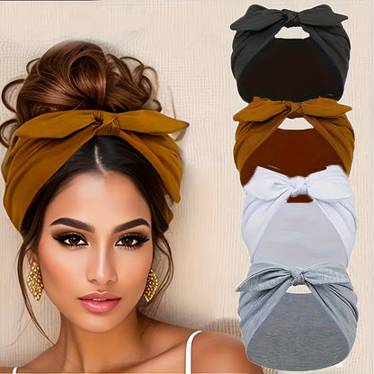 Lot de 4 bandeaux larges à oreilles de lapin pour femmes – Accessoire cheveux élastique antidérapant en satin pour le sport, le yoga et la salle de sport, ensemble turban doux et épais, idée cadeau