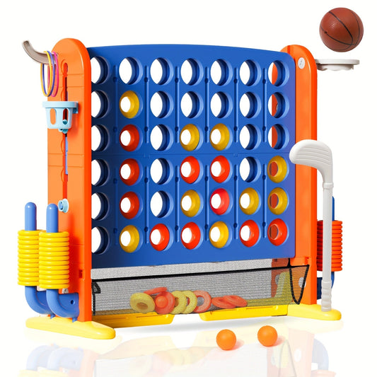 Jeu d'extérieur géant 4-en-1, hauteur réglable de 0,8 à 1 mètre, jeu de puissance 4 avec curseur de libération rapide et poche en filet, cadeau d'anniversaire pour enfants et adultes, fête dans le jardin, jeu familial en plein air
