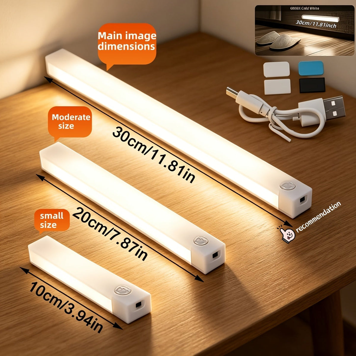 Éclairage de placard LED à détecteur de mouvement, intensité variable, rechargeable par USB-C – Température de couleur réglable (blanc et chaud), 3 modes, fixation magnétique pour cuisine, placard, chambre, escalier et bureau, 10/20/30 cm