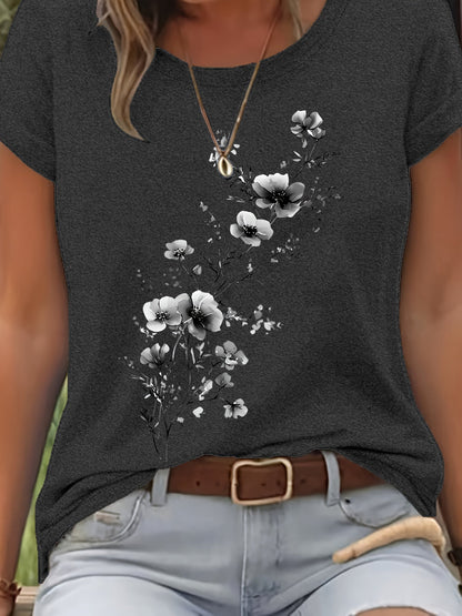 T-shirt pour femme à motif floral aquarelle – Haut décontracté élégant à col rond et manches courtes pour le printemps et l'été