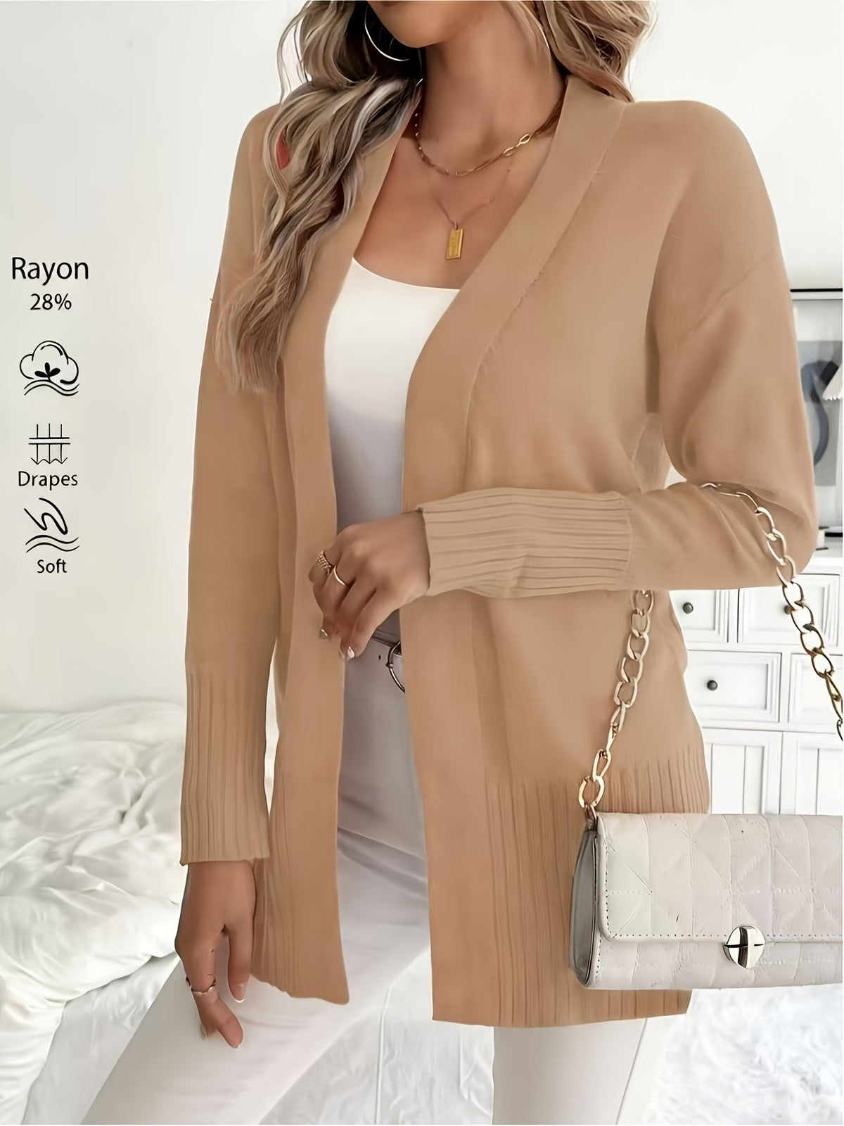 Gilet long femme à col en V et épaules tombantes – Maille douce coupe ample, disponible en 16 coloris pour l'automne et l'hiver, 46 % acrylique, 28 % viscose, 26 % nylon