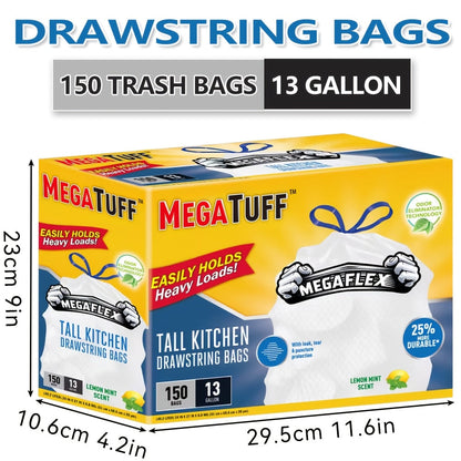 Sacs poubelle de cuisine de 50 litres avec liens coulissants et neutralisateur d'odeurs – Sacs jetables résistants aux perforations et aux déchirures, parfum frais menthe et citron, disponibles en boîtes de 78 et 150 unités