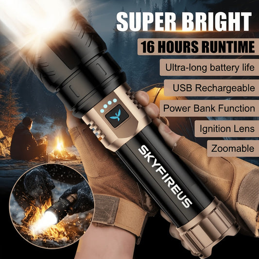 Lampe torche LED rechargeable super brillante SKYFIRE avec zoom, 4 modes et éclairage cycliste – Lampe tactique à haut rendement lumineux pour le camping, les aventures en plein air et les urgences domestiques