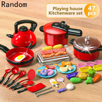 Ensemble de cuisine jouet 47 pièces, jeu d'imitation petit chef avec fruits, aliments et ustensiles réalistes, favorise l'imagination, la dextérité manuelle et l'apprentissage interactif, cadeau pour enfants