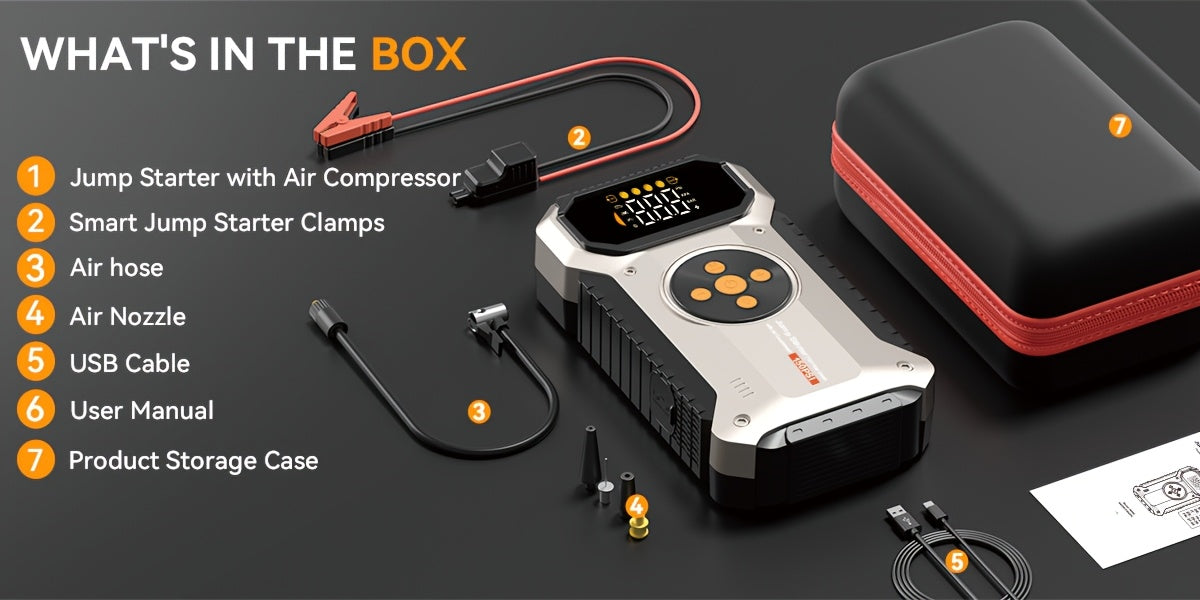 Démarreur de voiture 5000A avec compresseur d'air 150 PSI – Batterie de secours portable 12000 mAh, gonfleur de pneu numérique, USB-C et USB-A, lampe de secours LED pour moteurs essence et diesel 12V