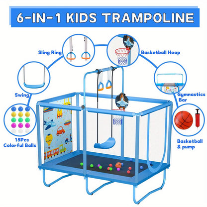 6-in-1 Kids Trampoline with Enclosure Net, Basketball Hoop, Swing, Rings & 15 Ocean Balls – 55"-58" Indoor Outdoor Rectangular Trampoline, Foam Padded Poles, W-Shaped Legs, Gift for Boys Girls Ages 3-10