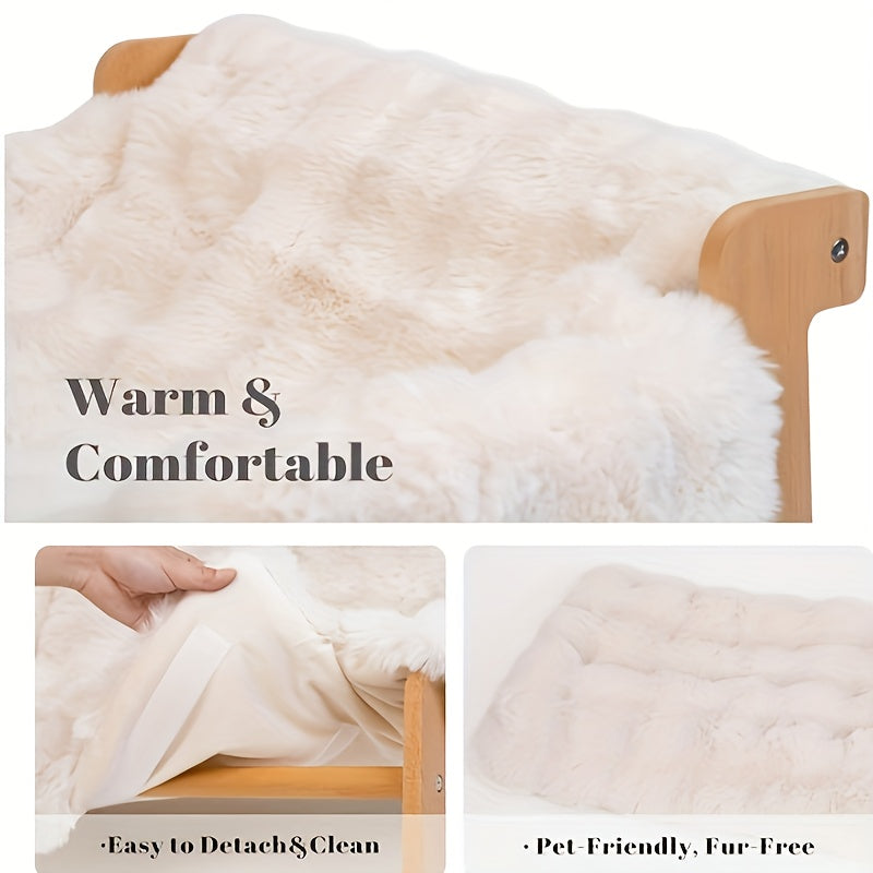 Canapé-lit surélevé pour animaux, fauteuil de repos pour chien et chat en bois massif avec tapis en bambou, meuble moderne pour petits et moyens chiens et chats, robuste et élégant, gris et blanc