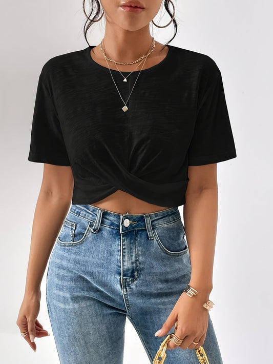 T-shirt court à manches courtes pour femme avec nœud torsadé sur le devant, haut d'été décontracté de couleur unie, style streetwear mignon, XS-XXL, 8 couleurs