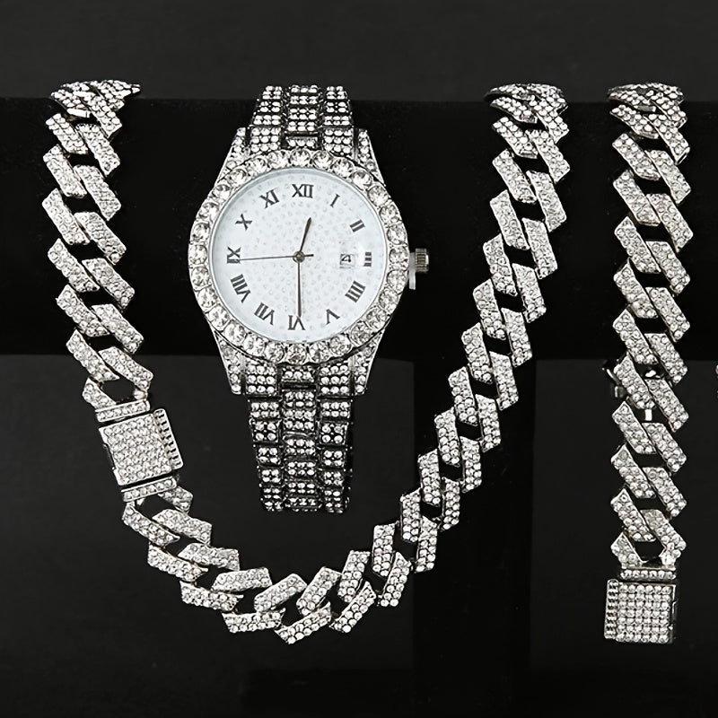 Ensemble de montre Hip Hop pour homme avec strass, chaîne cascade et collier – Parure de bijoux avec montre à quartz étincelante pour homme, 3 et 5 pièces, cadeau idéal pour les fêtes