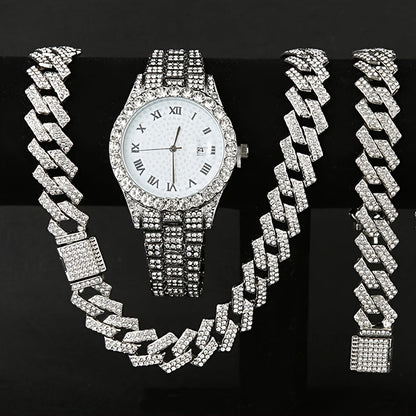 Ensemble de montre Hip Hop pour homme avec strass, chaîne cascade et collier – Parure de bijoux avec montre à quartz étincelante pour homme, 3 et 5 pièces, cadeau idéal pour les fêtes