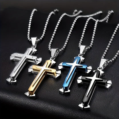 Ensemble de 4 colliers croix pour homme – Bijoux avec pendentif croix de chevalier en acier inoxydable 316L, colliers religieux gothiques résistants au ternissement pour homme, cadeau tendance pour lui, style quotidien et streetwear