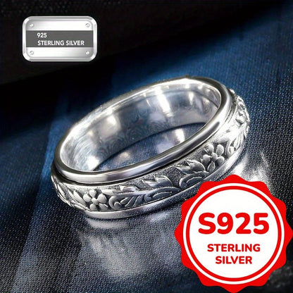 Bague large pour femme en argent sterling 925, motif vintage de feuilles et fleurs sculptées – Anneau élégant style bohème inspiré de la nature, bijou en argent hypoallergénique, tailles 6 à 10, idéal pour le quotidien, les vacances ou comme cadeau d'été