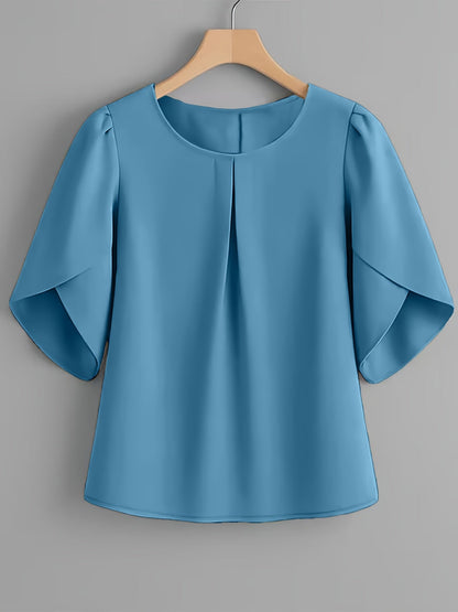 Chemisier femme à manches courtes, col rond, poignets à volants et plis sur la poitrine – Haut élégant en tissu 100 % polyester, semi-transparent, avec manches fendues