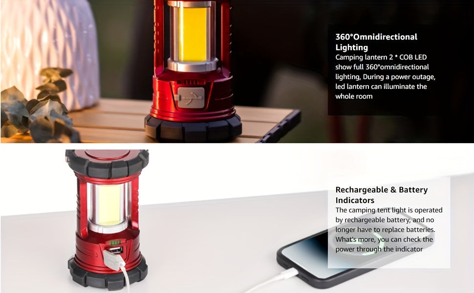 Lot de 2 lanternes de camping LED rechargeables 1500 lm avec chargeur de téléphone, 3 modes d'éclairage, lanterne portable pour ouragan et urgence, camping, randonnée, coupure de courant, survie en extérieur