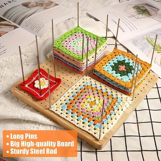 Wooden Crochet Blocking Board Set with 20 Steel Pins and Base Reusable Knitting Blocking Kit for Shaping Lace Shawls Sweaters Beginner Knitting Art Supplies
