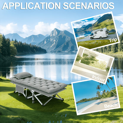 Lit de camp pliant portatif pour adultes - Tissu Oxford double épaisseur, très résistant 225/270/320 kg, lit de camping extérieur pliable avec sac de transport pour la plage, la sieste, les voyages, noir et gris
