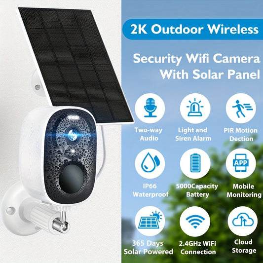 Caméra de sécurité extérieure solaire 2K 3MP – CCTV WiFi sans fil avec détection de mouvement IA, vision nocturne couleur, projecteur, audio bidirectionnel, étanchéité IP66, sans frais mensuels, stockage cloud et SD, sur batterie