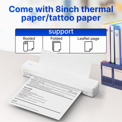 Imprimante thermique portable sans fil A4 sans encre – Imprimante de voyage compacte pour iPhone, Android et ordinateur portable – Compatible avec papier plié, rouleau et papier transfert de tatouage – Maison, bureau, école