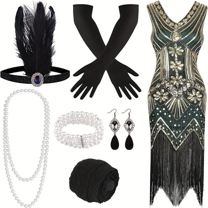 Robe Charleston années 1920 pour femme, à sequins, perles et franges, col en V, costume Great Gatsby avec accessoires, S-XL, rouge, noir, doré