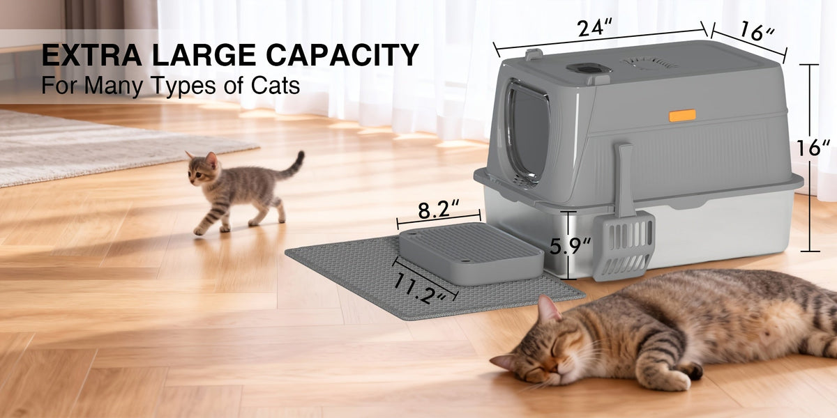 Bac à litière pour chat surdimensionné en acier inoxydable avec couvercle, toilette intérieure pliable anti-éclaboussures avec porte à rabat avant et contrôle supérieur des odeurs