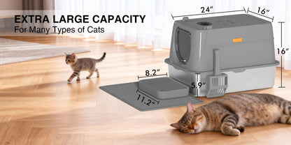 Bac à litière pour chat surdimensionné en acier inoxydable avec couvercle, toilette intérieure pliable anti-éclaboussures avec porte à rabat avant et contrôle supérieur des odeurs